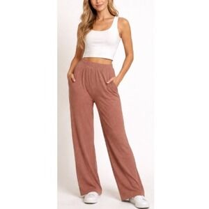 FARES Women's Brown Cinnamon Ribbed Velour Knit Wide Leg Pants Size XL NWT
